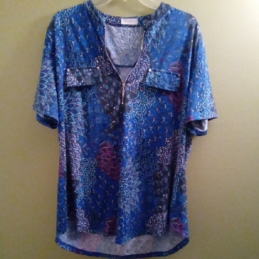 Womans 2XL Bulotus Vibrant Blue Graphic Short Sleeve Tunic Mandela Paisley Light